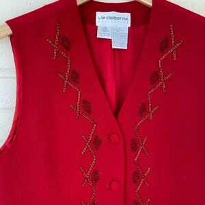 Red Beaded 100% Wool Vest Liz Claiborne (M)